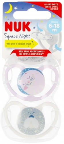 NUK Smoczek uspokajający silikonowy 6-18m Space Night 2szt lila/biały