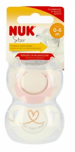 NUK Smoczek uspokajający silikonowy 0-6m Star Serce biały 2 szt