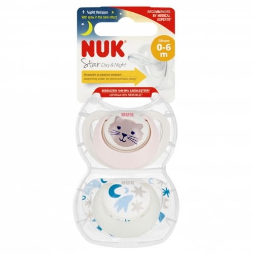 NUK Smoczek uspokajający silikonowy 0-6m Star Day&Night Kotek biały / róż 2szt