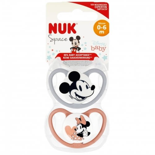 NUK Smoczek uspokajający silikonowy 0-6m Space Disney Myszka Miki Minnie 2szt szary/róż