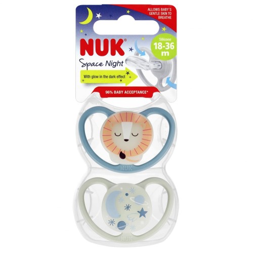 NUK Smoczek uspokajający silikonowy 18-36m Space Night 2szt Lew Kosmos.jpg