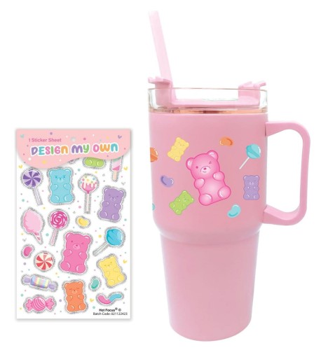 HOT FOCUS Metalowy kubek ze słomką 600 ml w żelkowe misie + naklejki