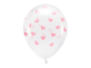 PartyDeco Balony Eco 33 cm BIAŁE w RÓŻOWE serca Crystal Clear 6 szt