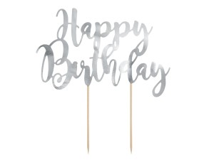 PartyDeco Topper na Tort HAPPY BIRTHDAY Srebrny 22,5cm