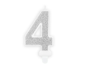 PartyDeco Świeczka urodzinowa CYFRA 4 SREBRNA 7cm