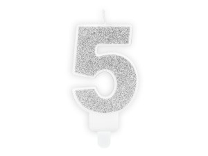 PartyDeco Świeczka Urodzinowa CYFRA 5 SREBRNA 7cm