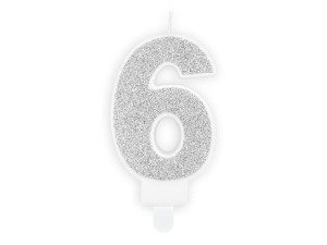 PartyDeco Świeczka Urodzinowa CYFRA 6 SREBRNA 7cm