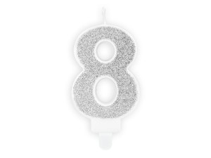 PartyDeco Świeczka Urodzinowa CYFRA 8 SREBRNA 7cm