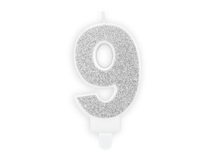 PartyDeco Świeczka urodzinowa CYFRA 9 SREBRNA 7cm