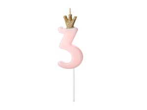 PartyDeco Świeczka Urodzinowa CYFRA 3 Jasny RÓŻOWY 9,5cm