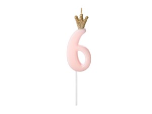 PartyDeco Świeczka urodzinowa CYFRA 6 Jasny RÓŻOWY 9,5cm