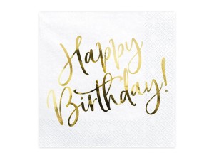 PartyDeco Serwetki HAPPY BIRTHDAY Białe 33x33cm / 20 szt