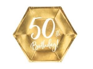 PartyDeco Talerzyki 50th Birthday Złote 20cm/6 szt