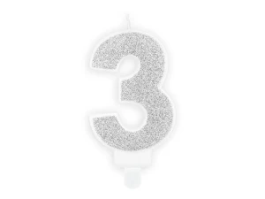 PartyDeco Świeczka urodzinowa Cyferka 3 Srebrna 7cm 
